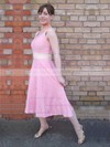 V-neck A-line Tea-length Lace Sashes / Ribbons Bridesmaid Dresses #DOB02017822