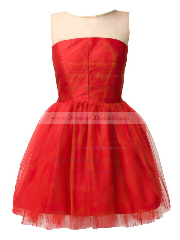 Scoop Neck Ball Gown Short/Mini Tulle Elastic Woven Satin Ruffles Bridesmaid Dresses #DOB02017490