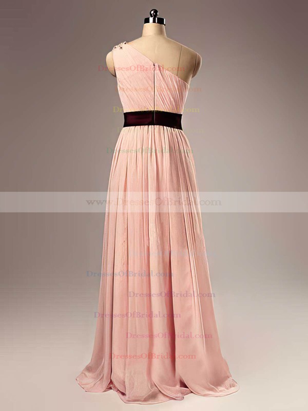 One Shoulder A-line Floor-length Chiffon Sashes / Ribbons Bridesmaid Dresses #DOB02017505