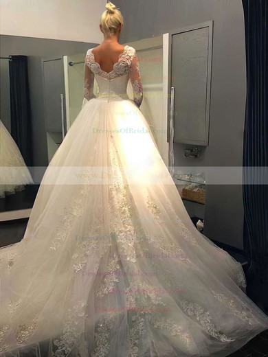Scalloped Neck Ball Gown Chapel Train Lace Tulle Beading Wedding Dresses #DOB00021194