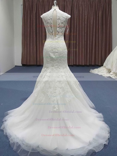Sweetheart Trumpet/Mermaid Sweep Train Lace Tulle Ruffles Wedding Dresses #DOB00021208