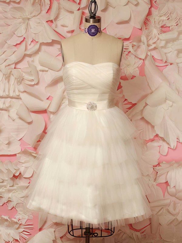 Sweetheart A-line Short/Mini Tulle Sashes / Ribbons Wedding Dresses #DOB00021212
