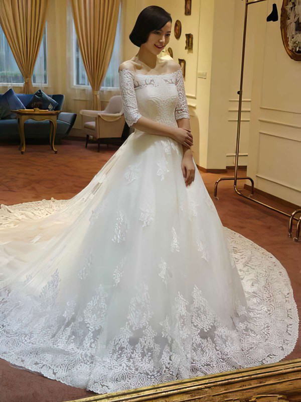 Off-the-shoulder Princess Cathedral Train Lace Tulle Appliques Lace Wedding Dresses #DOB00021213