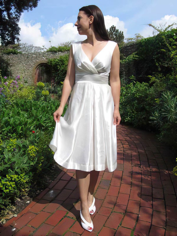 V-neck A-line Tea-length Satin Ruffles Wedding Dresses #DOB00021218