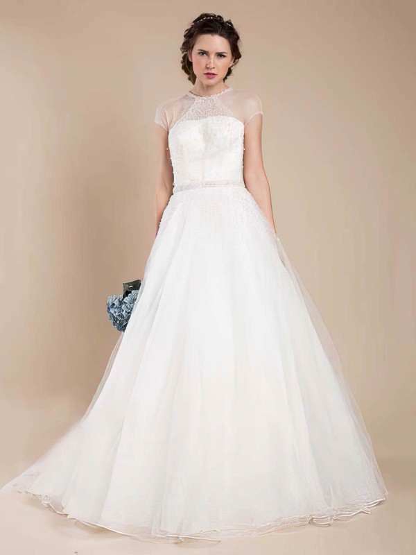 Scoop Neck Ball Gown Sweep Train Tulle Beading Wedding Dresses #DOB00021368
