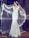 V-neck Trumpet/Mermaid Sweep Train Lace Elastic Woven Satin Beading Wedding Dresses #DOB00021375