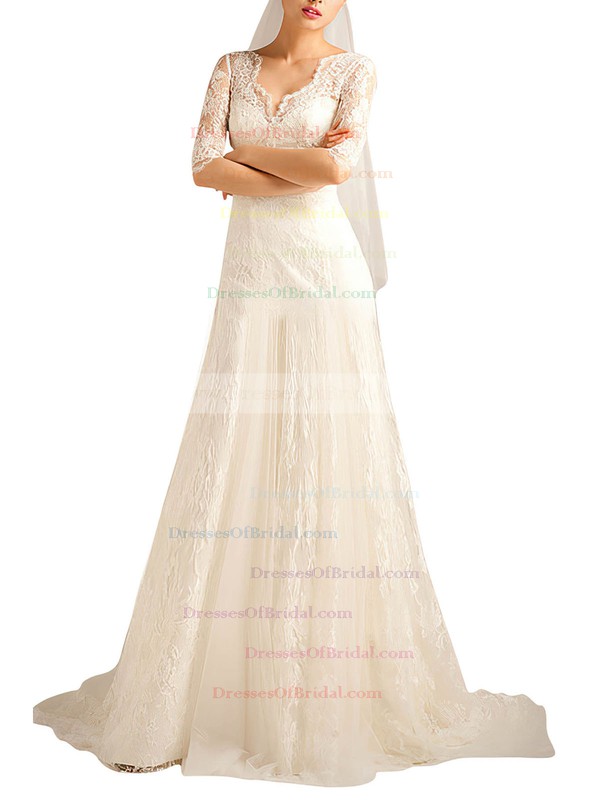 V-neck Trumpet/Mermaid Sweep Train Lace Flower(s) Wedding Dresses #DOB00021379