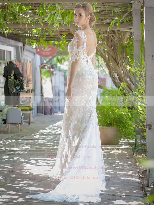 V-neck Trumpet/Mermaid Chapel Train Lace Tulle Beading Wedding Dresses #DOB00021382