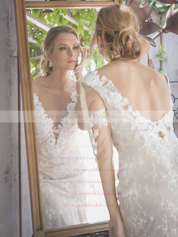 V-neck Trumpet/Mermaid Chapel Train Lace Tulle Beading Wedding Dresses #DOB00021382