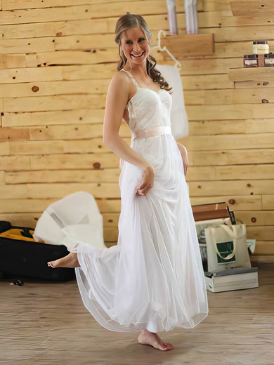 Halter A-line Floor-length Lace Chiffon Sashes / Ribbons Wedding Dresses #DOB00021384