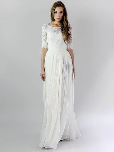 Scoop Neck A-line Floor-length Lace Chiffon Ruffles Wedding Dresses #DOB00021392