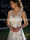 V-neck A-line Chapel Train Lace Satin Tulle Beading Wedding Dresses #DOB00021397