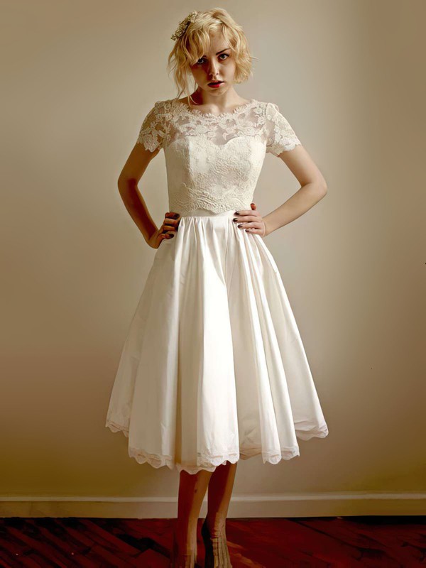Scoop Neck A-line Tea-length Lace Taffeta Flower(s) Wedding Dresses #DOB00021407