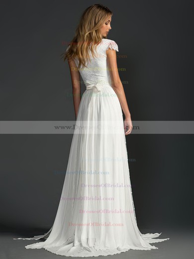 Scoop Neck A-line Sweep Train Lace Chiffon Beading Wedding Dresses #DOB00021410