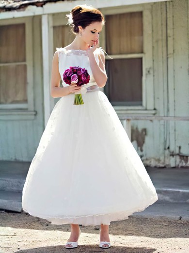 Square Neckline Ball Gown Ankle-length Lace Tulle Sashes / Ribbons Wedding Dresses #DOB00021241