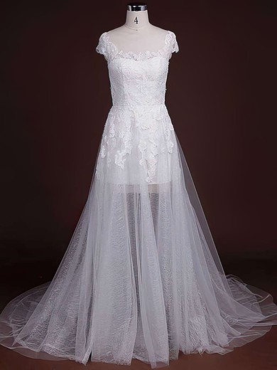 Scoop Neck A-line Court Train Lace Appliques Lace Wedding Dresses #DOB00021244