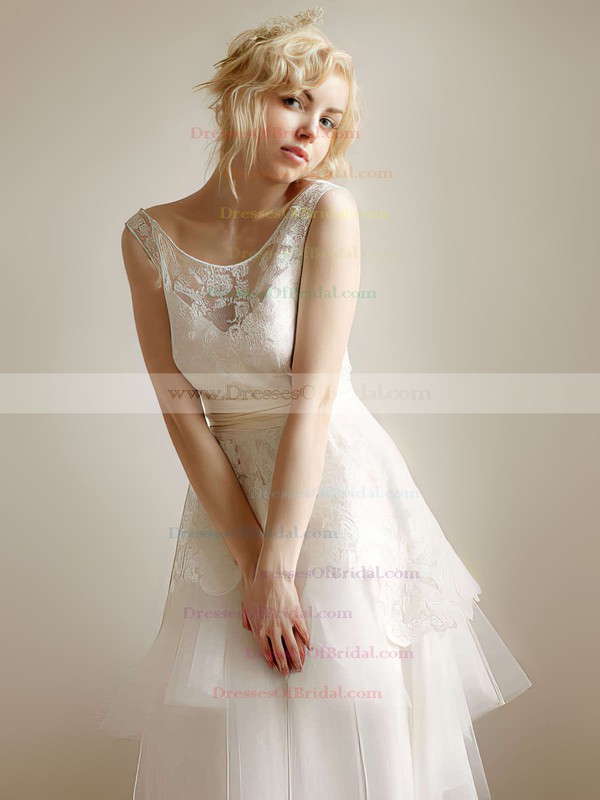 Strapless A-line Tea-length Lace Tulle Sashes / Ribbons Wedding Dresses #DOB00021253