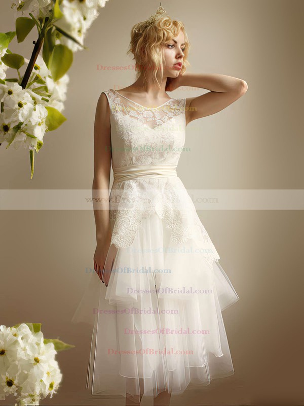 Strapless A-line Tea-length Lace Tulle Sashes / Ribbons Wedding Dresses #DOB00021253