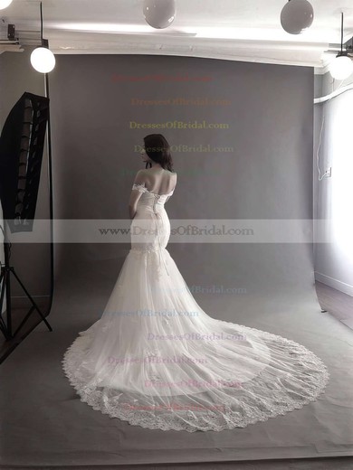 Off-the-shoulder Trumpet/Mermaid Cathedral Train Tulle Appliques Lace Wedding Dresses #DOB00021260