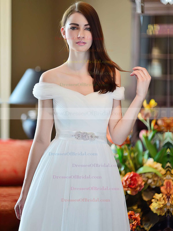 Off-the-shoulder A-line Floor-length Tulle Beading Wedding Dresses #DOB00021284