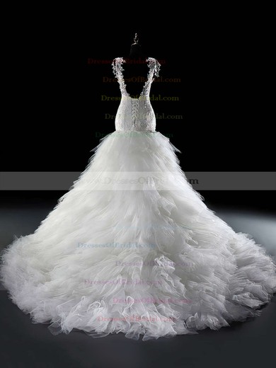 V-neck Trumpet/Mermaid Chapel Train Lace Tulle Appliques Lace Wedding Dresses #DOB00021291