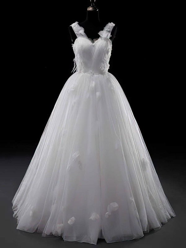 V-neck Ball Gown Sweep Train Tulle Appliques Lace Wedding Dresses #DOB00021329