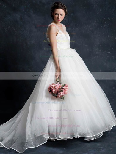 V-neck Ball Gown Court Train Tulle Beading Wedding Dresses #DOB00021345