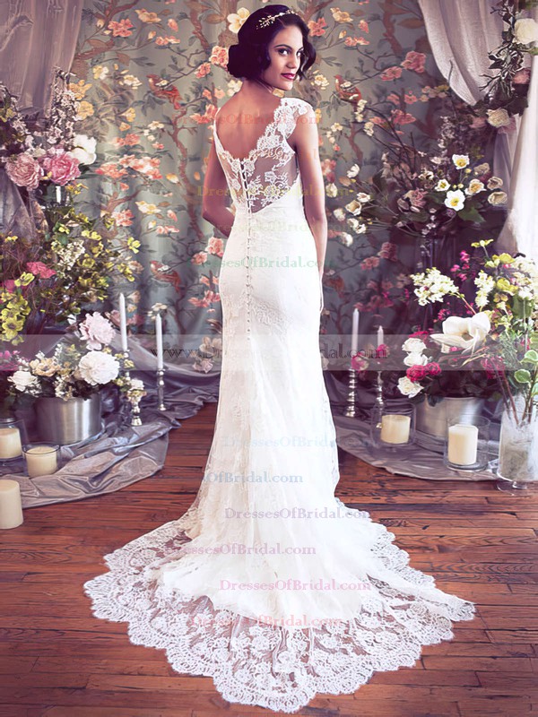 V-neck Trumpet/Mermaid Court Train Lace Flower(s) Wedding Dresses #DOB00021351