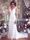 V-neck Trumpet/Mermaid Court Train Lace Flower(s) Wedding Dresses #DOB00021351