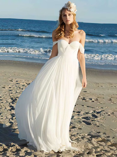 Off-the-shoulder A-line Floor-length Chiffon Ruffles Wedding Dresses #DOB00021352