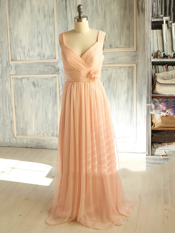 Popular A-line V-neck Chiffon with Flower(s) Pink Bridesmaid Dress #DOB01012398
