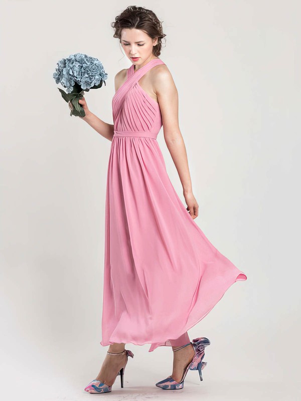 Ankle-length Halter Chiffon Open Back Nice Pink Bridesmaid Dress #DOB01012402