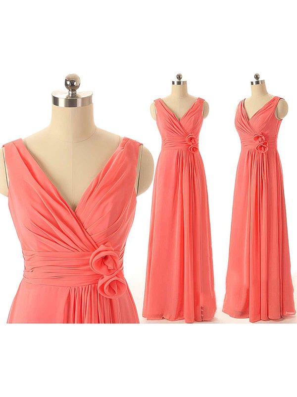 V-neck Chiffon with Flower(s) Inexpensive A-line Watermelon Bridesmaid Dresses #DOB01012409