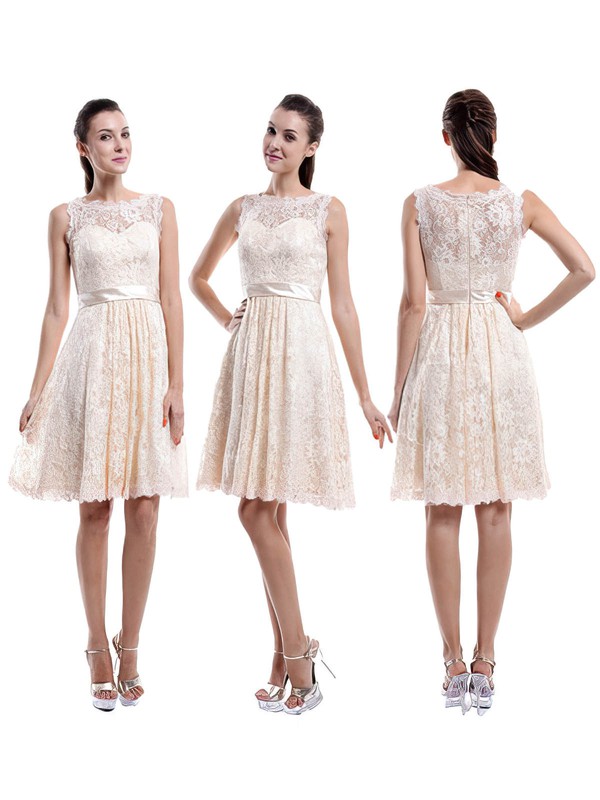 Ivory Scoop Neck Lace Sashes/Ribbons Ladies Knee-length Bridesmaid Dress #DOB01012422