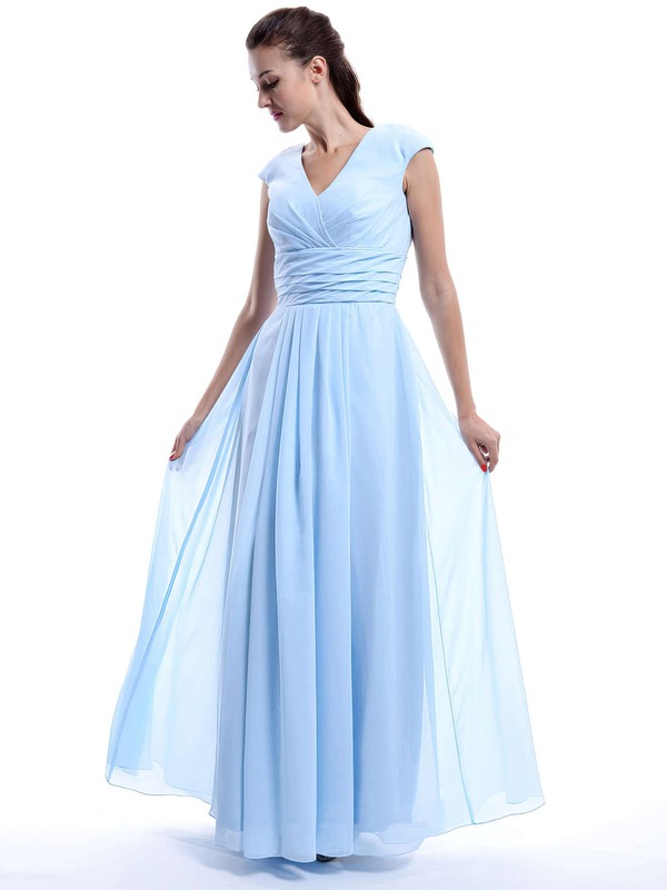Nicest A-line Chiffon Cap Straps Ruffles V-neck Light Sky Blue Bridesmaid Dress #DOB01012423