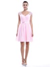 V-neck Pearl Pink Chiffon Lace A-line Modest Bridesmaid Dress #DOB01012424