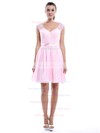 V-neck Pearl Pink Chiffon Lace A-line Modest Bridesmaid Dress #DOB01012424