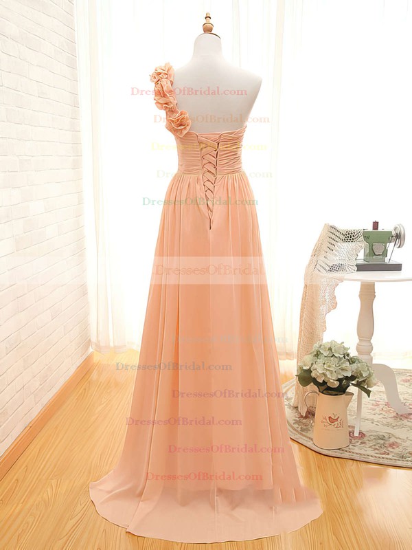 Girls Sweep Train Chiffon Lace-up with Flower(s) One Shoulder Orange Bridesmaid Dress #DOB01012434