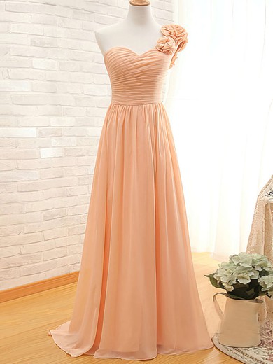 Girls Sweep Train Chiffon Lace-up with Flower(s) One Shoulder Orange Bridesmaid Dress #DOB01012434