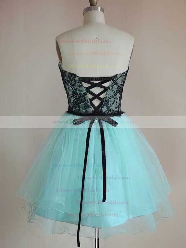 Sweetheart A-line Short/Mini Lace Tulle Elastic Woven Satin Sashes / Ribbons Bridesmaid Dresses #DOB01012444