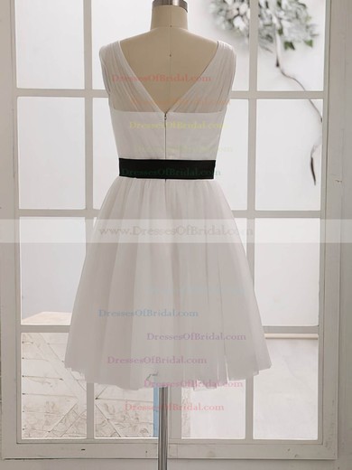 A-line Tulle with Sashes/Ribbons V-neck Custom Ivory Bridesmaid Dresses #DOB01012452