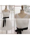 A-line Tulle with Sashes/Ribbons V-neck Custom Ivory Bridesmaid Dresses #DOB01012452
