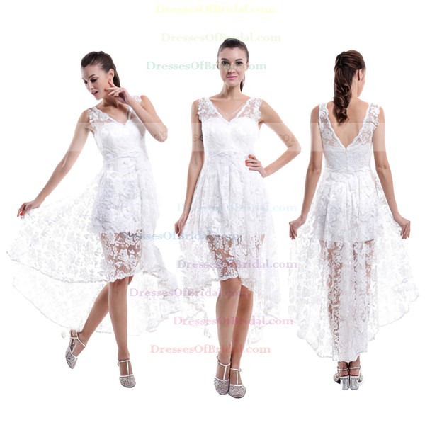 High Low Asymmetrical White Lace Ruffles V-neck Bridesmaid Dresses #DOB01012456