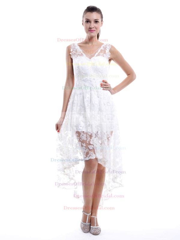 High Low Asymmetrical White Lace Ruffles V-neck Bridesmaid Dresses #DOB01012456