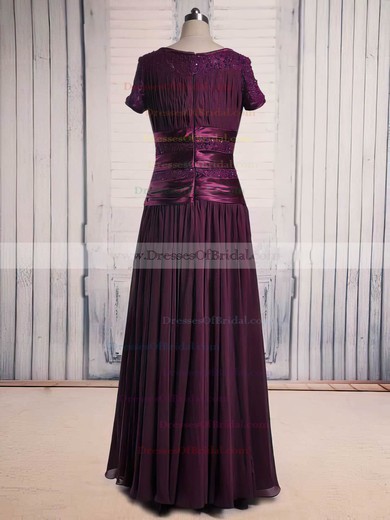Floor-length Short Sleeve Scoop Neck Lace Chiffon Beading Latest Purple Mother of the Bride Dress #DOB01021563