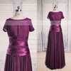 Floor-length Short Sleeve Scoop Neck Lace Chiffon Beading Latest Purple Mother of the Bride Dress #DOB01021563