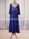 Tea-length 1/2 Sleeve V-neck Royal Blue Chiffon Lace Beading Elegant Mother of the Bride Dress #DOB01021564
