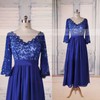 Tea-length 1/2 Sleeve V-neck Royal Blue Chiffon Lace Beading Elegant Mother of the Bride Dress #DOB01021564