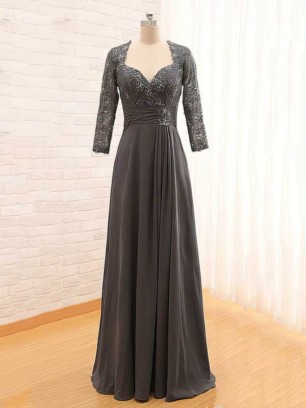 Gray Lace Chiffon Unique V-neck with Beading 3/4 Sleeve Mother of the Bride Dress #DOB01021561
