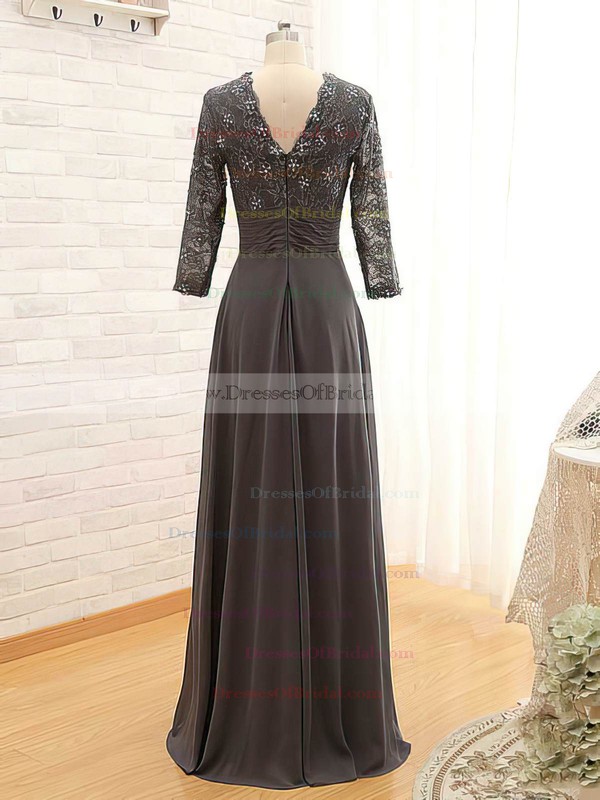 Gray Lace Chiffon Unique V-neck with Beading 3/4 Sleeve Mother of the Bride Dress #DOB01021561